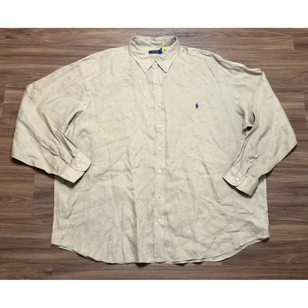 Polo Ralph Lauren Men Tan Linen Button Down Shirt Khaki Long Sleeve Sz 3XB